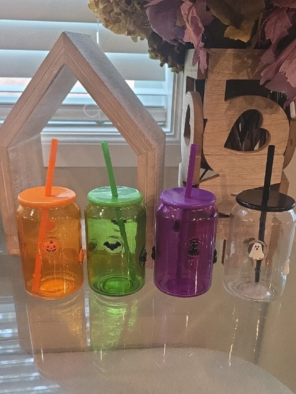 4 Halloween Glass Tumbler Cup Set - Orange, Green, Purple, Clear